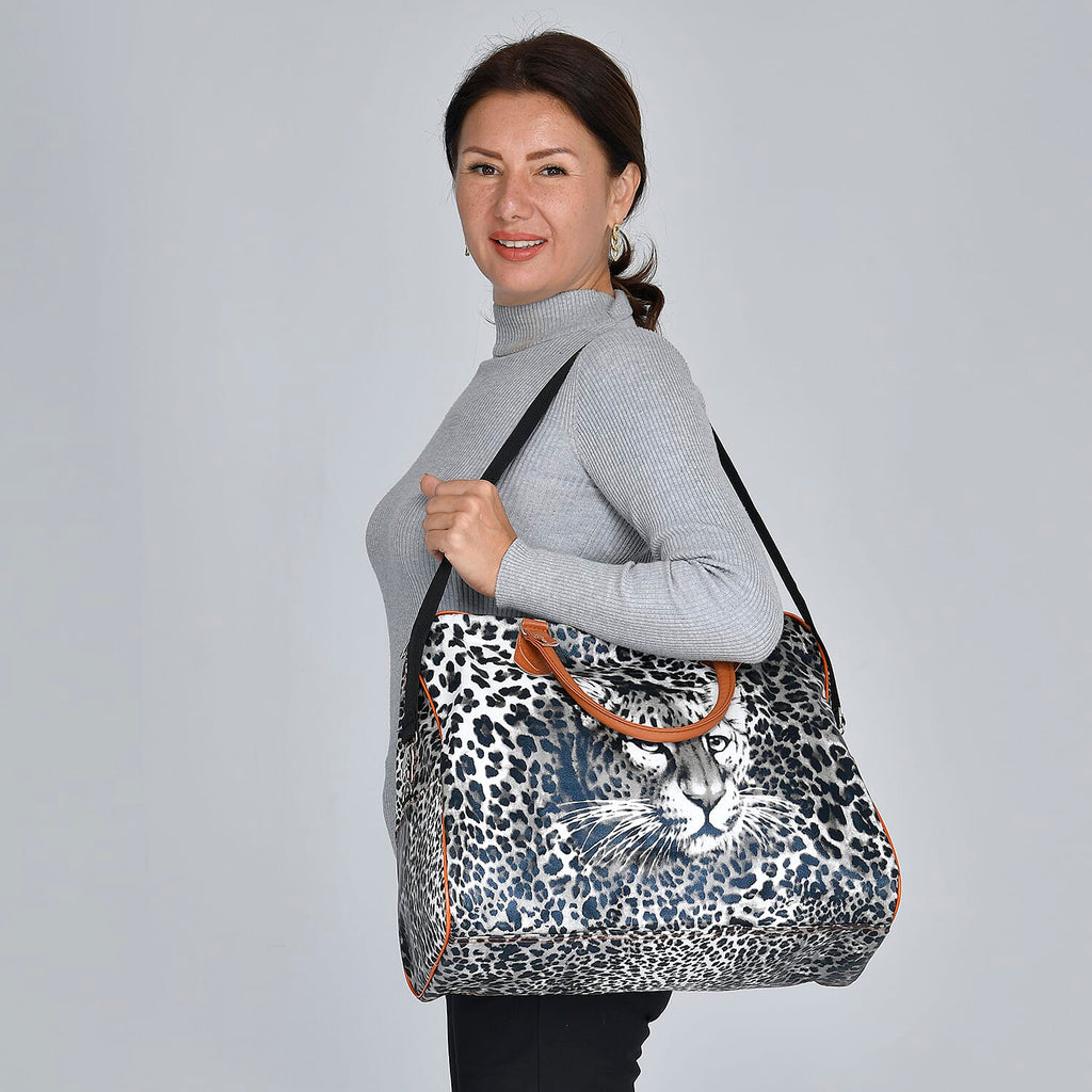 Leopard Pattern Tote Bag with Handle Drop & Detachable Shoulder Strap - Black and Off White