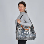 Leopard Pattern Tote Bag with Handle Drop & Detachable Shoulder Strap - Black and Off White