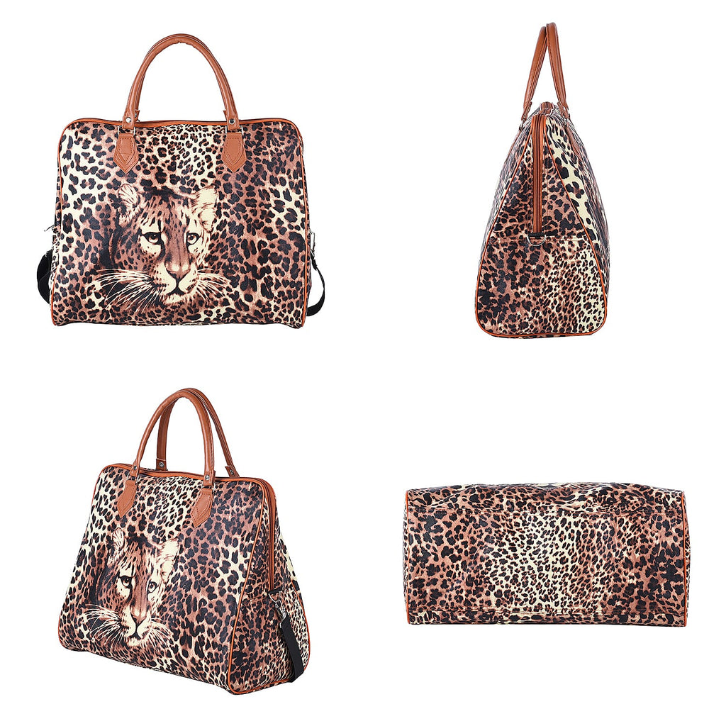 Leopard Pattern Tote Bag with Handle Drop & Detachable Shoulder Strap - Brown, Yellow & Black