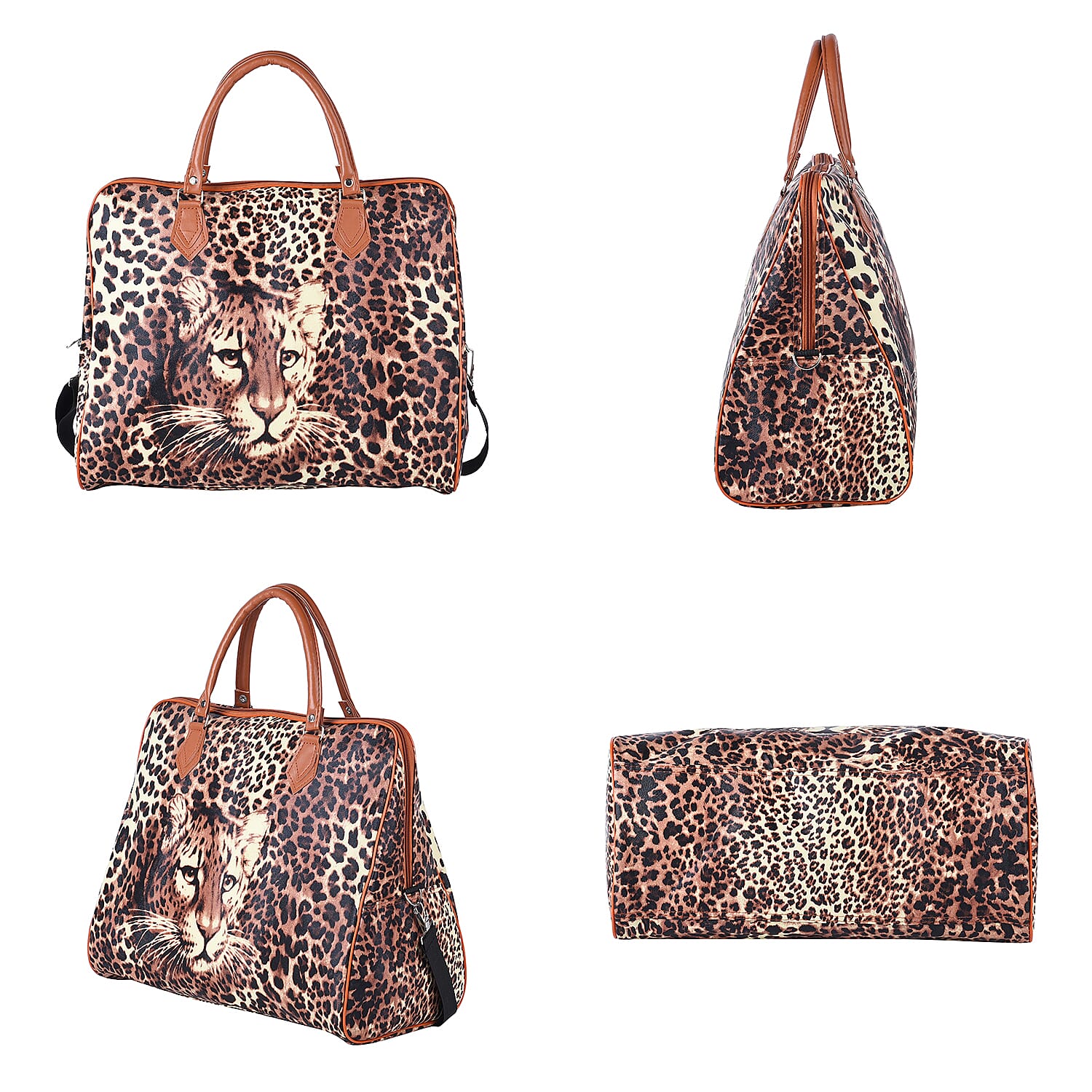 Leopard Pattern Tote Bag with Handle Drop & Detachable Shoulder Strap - Brown, Yellow & Black