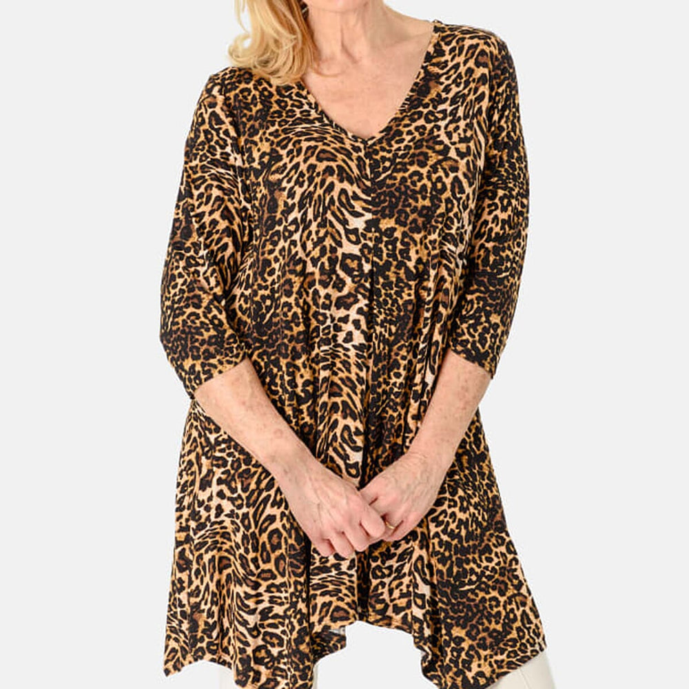 Leopard Printed V-Neck Jesey Tunic Top (Size 14) - Leopard