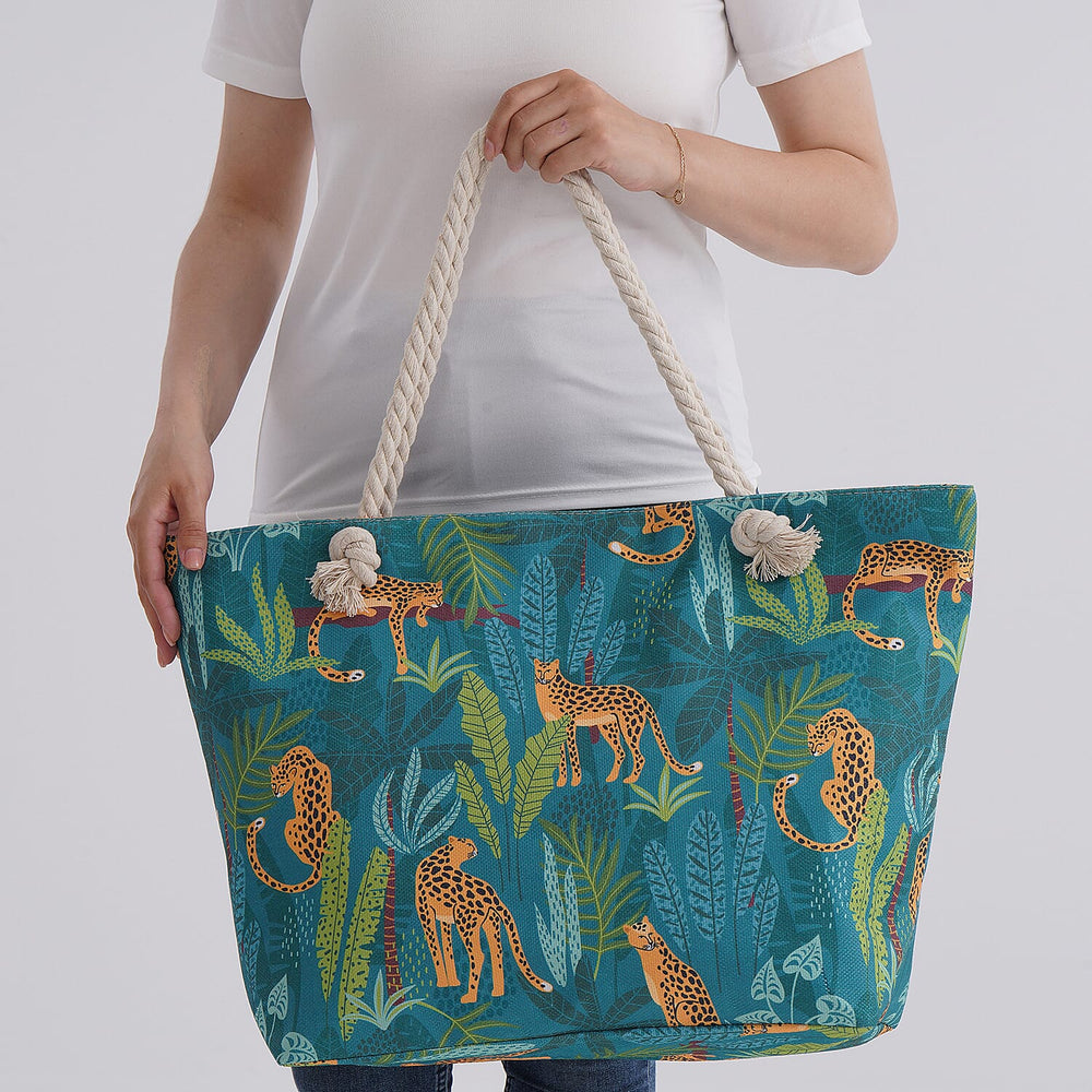 Tropical Jungle Design Tote Bag with Rope Handles - Green