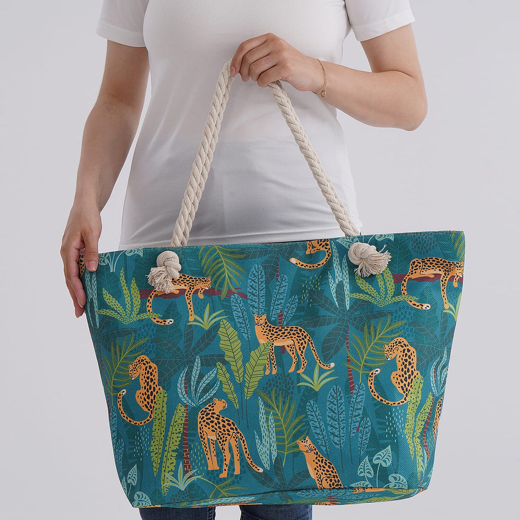 Tropical Jungle Design Tote Bag with Rope Handles - Green