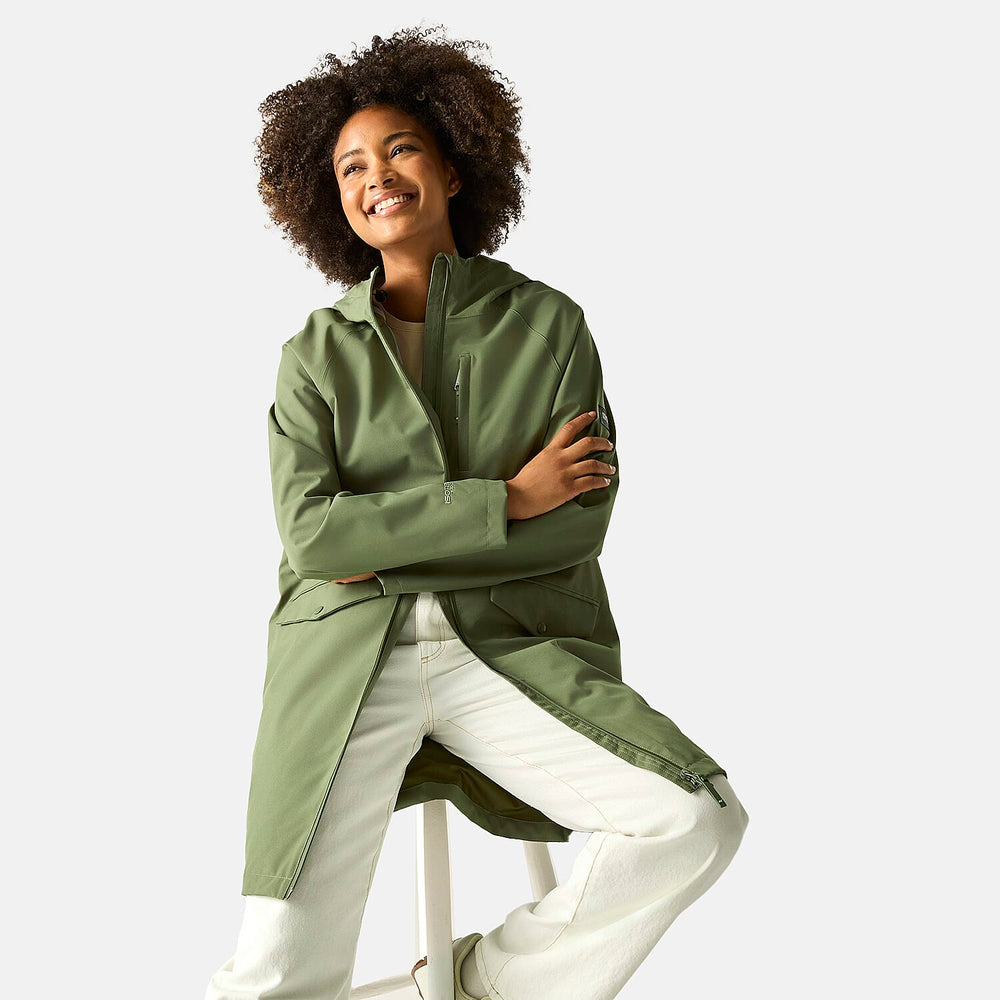 Regatta Womens Waterproof Longline Jacket with Adjustable Waist and Hood (Size 12) - Green
