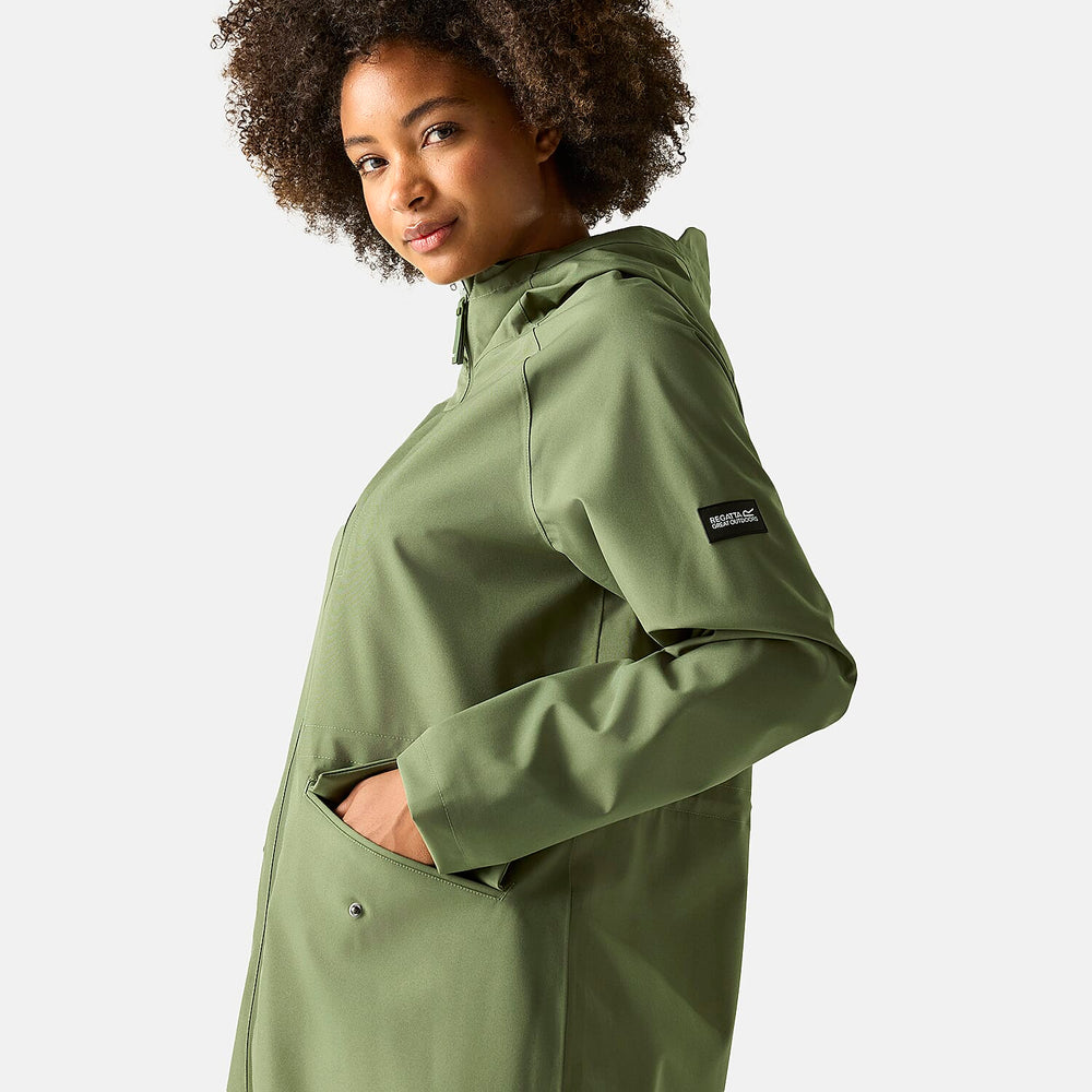 Regatta Womens Waterproof Longline Jacket with Adjustable Waist and Hood (Size 12) - Green