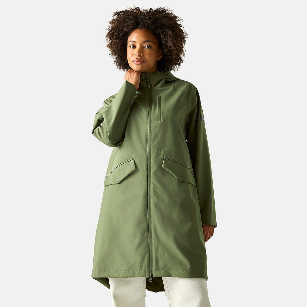 Regatta Womens Waterproof Longline Jacket with Adjustable Waist and Hood (Size 14) - Green