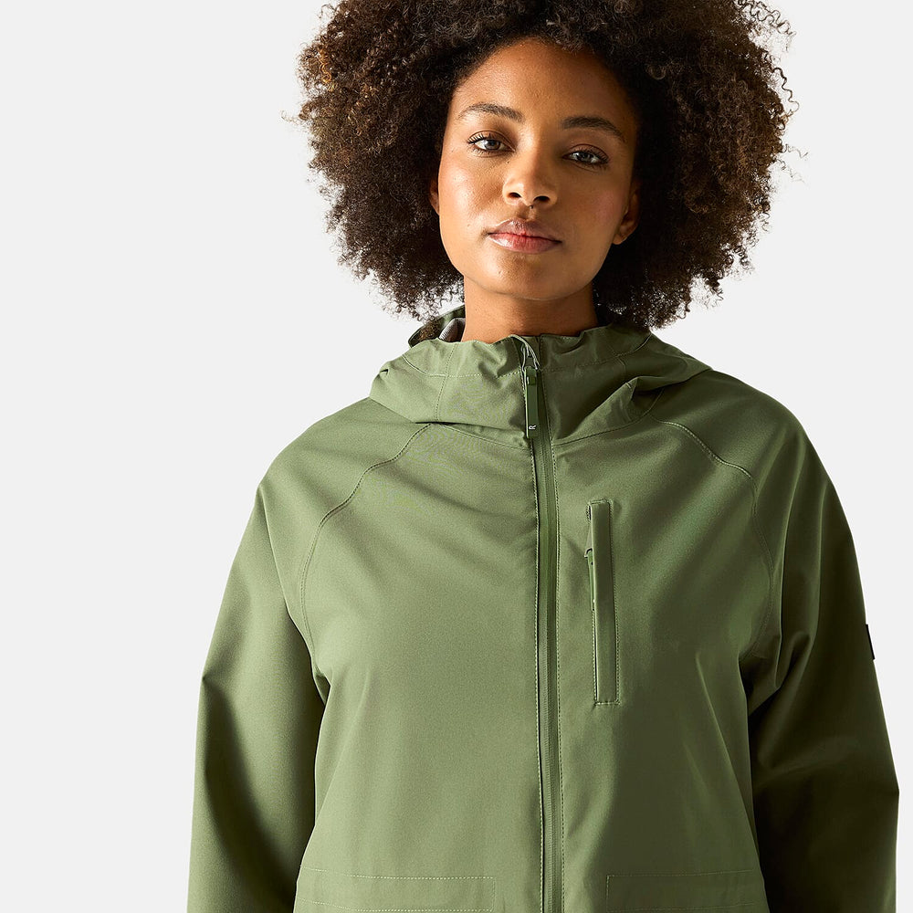 Regatta Womens Waterproof Longline Jacket with Adjustable Waist and Hood (Size 14) - Green