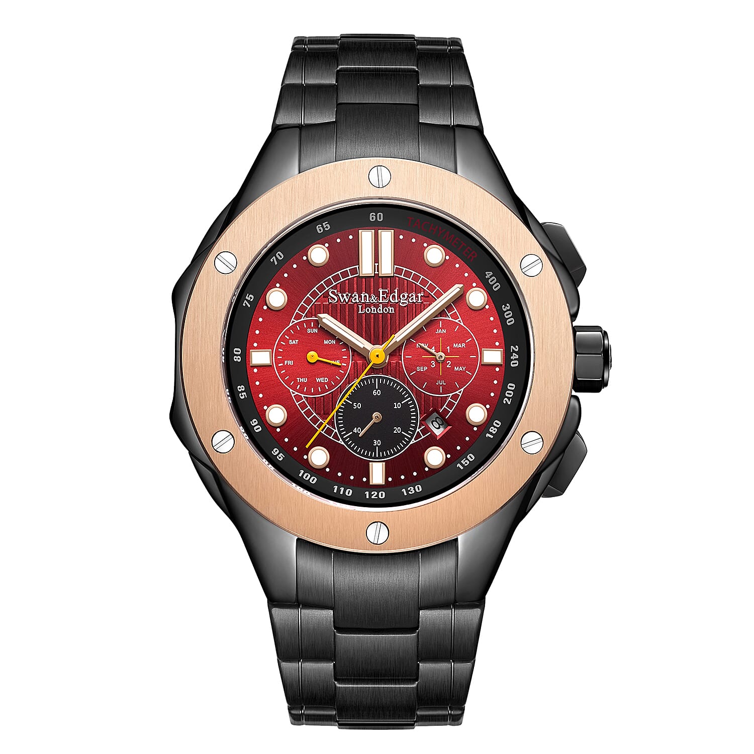 Limited Edition Swan & Edgar Hand Assembled Certitude Automatic Movement Skeleton Caseback Red Dial 3ATM Water Resitant Watch with Black Stainless Steel Chain Bracelet