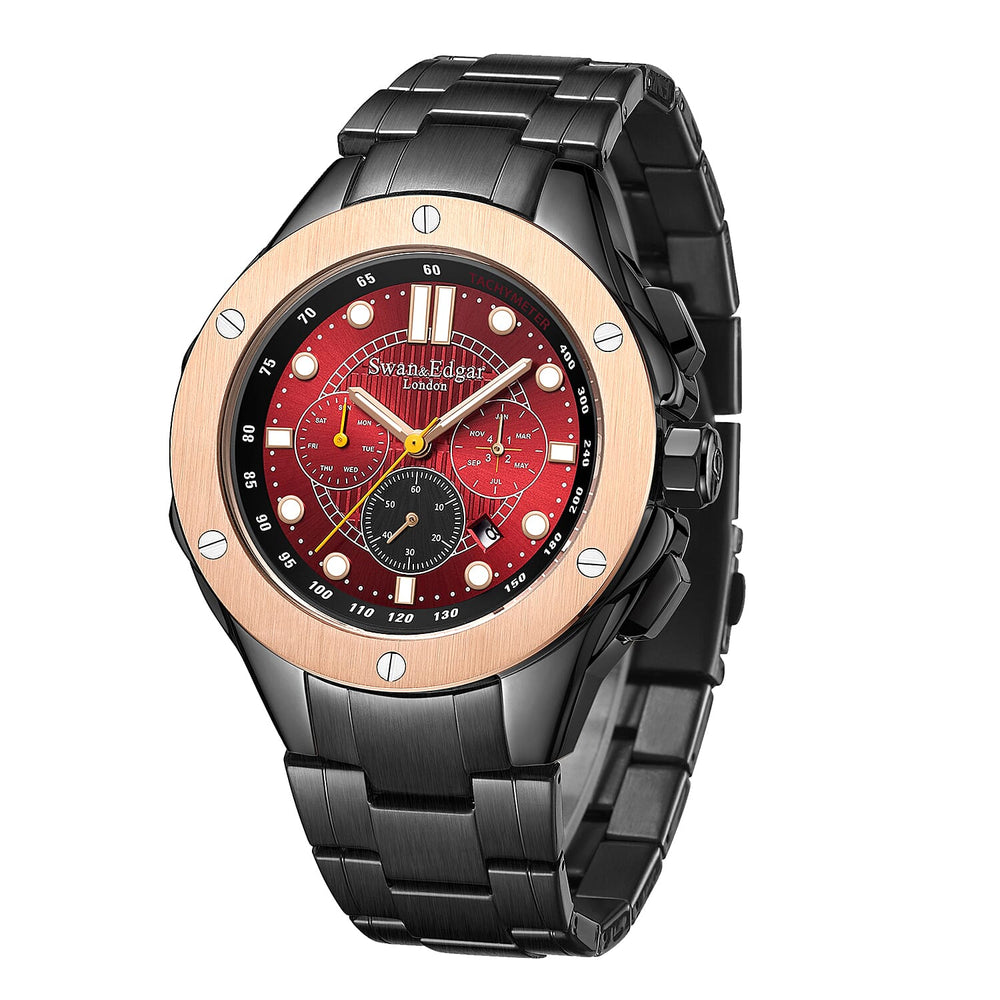 Limited Edition Swan & Edgar Hand Assembled Certitude Automatic Movement Skeleton Caseback Red Dial 3ATM Water Resitant Watch with Black Stainless Steel Chain Bracelet