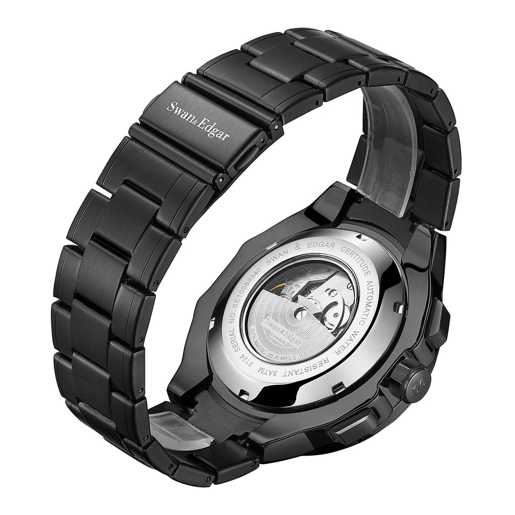 Limited Edition Swan & Edgar Hand Assembled Certitude Automatic Movement Skeleton Caseback Red Dial 3ATM Water Resitant Watch with Black Stainless Steel Chain Bracelet