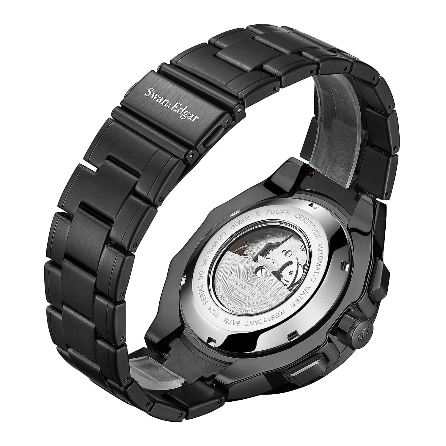 Limited Edition Swan & Edgar Hand Assembled Certitude Automatic Movement Skeleton Caseback Red Dial 3ATM Water Resitant Watch with Black Stainless Steel Chain Bracelet