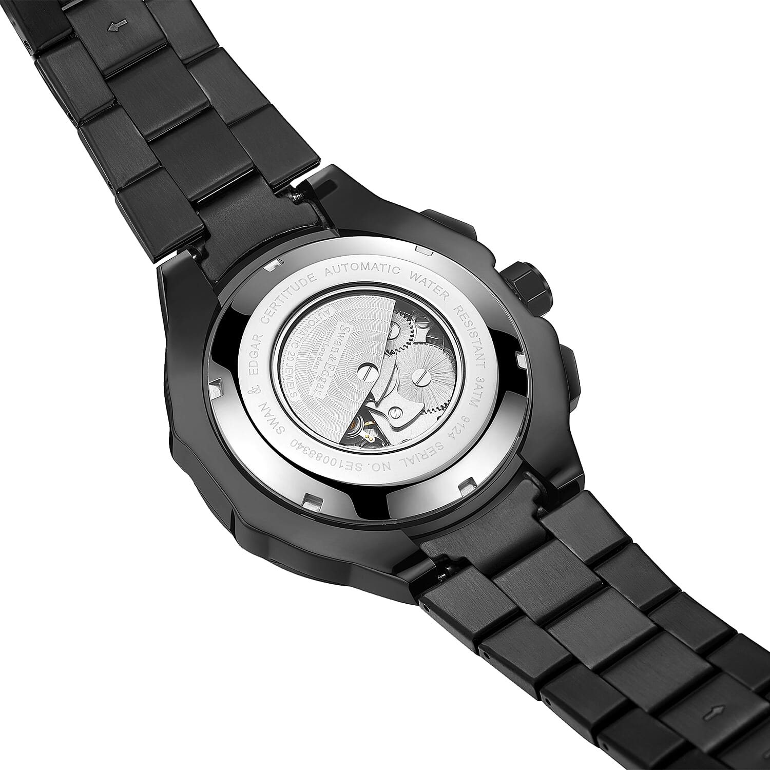 Limited Edition Swan & Edgar Hand Assembled Certitude Automatic Movement Skeleton Caseback Red Dial 3ATM Water Resitant Watch with Black Stainless Steel Chain Bracelet
