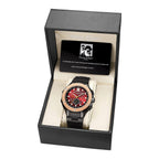 Limited Edition Swan & Edgar Hand Assembled Certitude Automatic Movement Skeleton Caseback Red Dial 3ATM Water Resitant Watch with Black Stainless Steel Chain Bracelet
