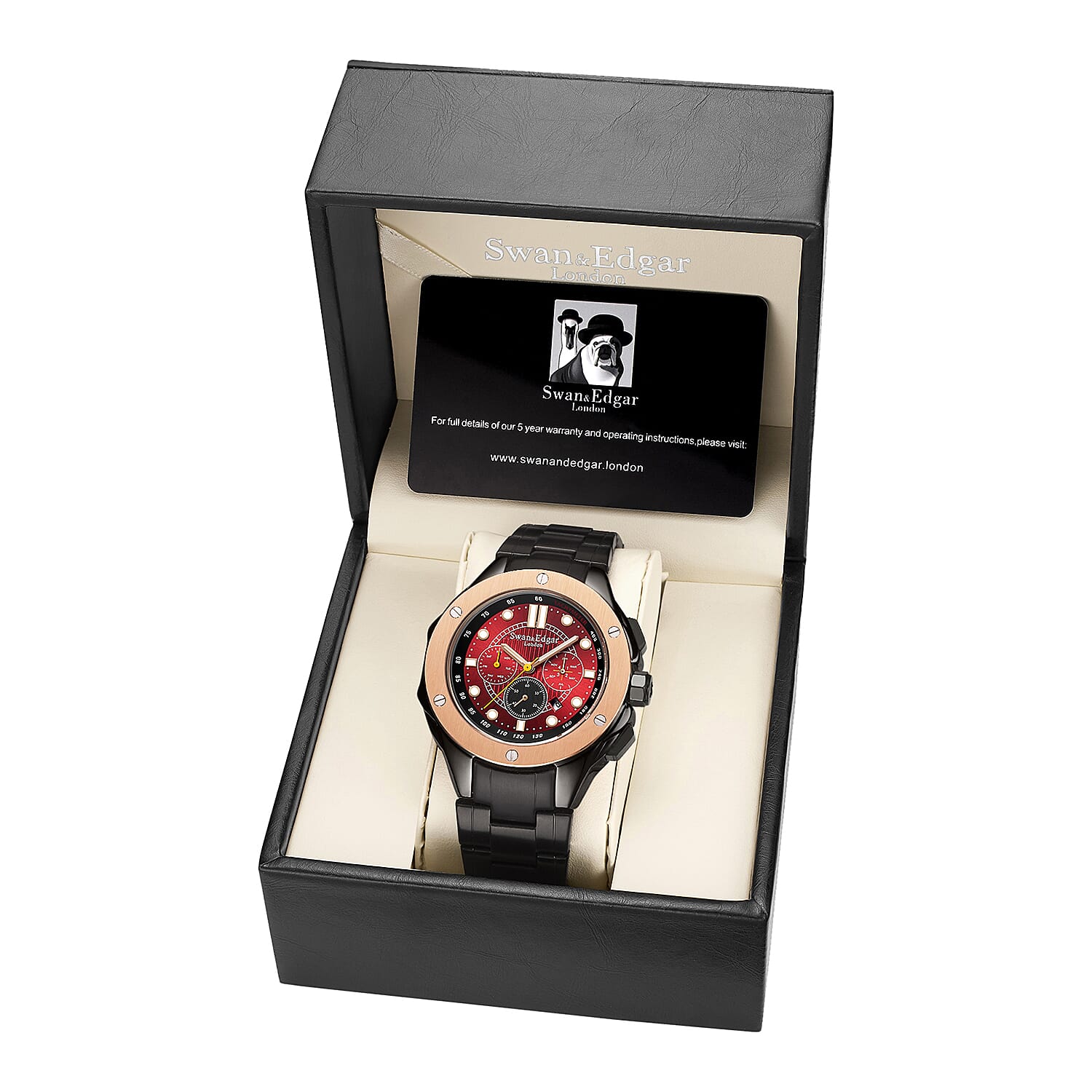 Limited Edition Swan & Edgar Hand Assembled Certitude Automatic Movement Skeleton Caseback Red Dial 3ATM Water Resitant Watch with Black Stainless Steel Chain Bracelet
