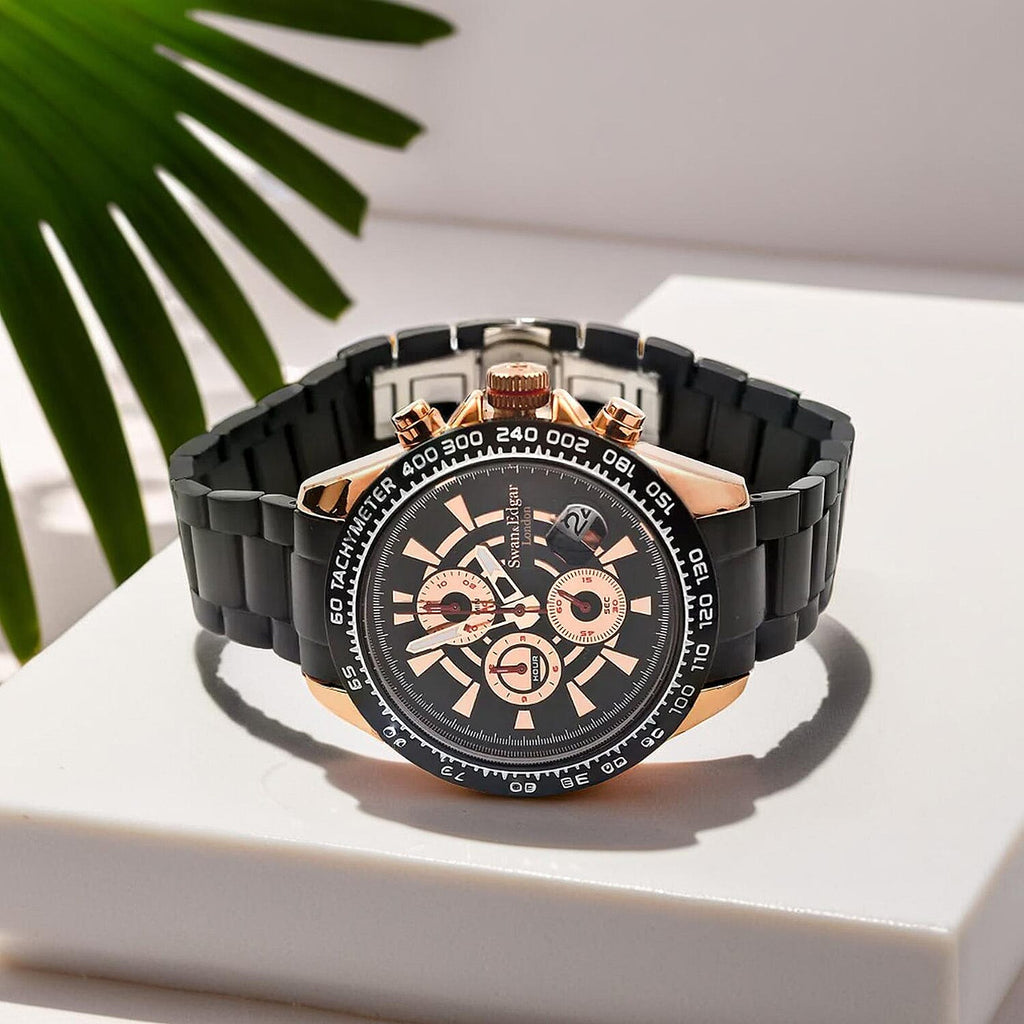 Limited Edition Swan - Edgar Hand Assembled Speed Target Mechanical Quartz Mens Watch - Rose Gold - Black