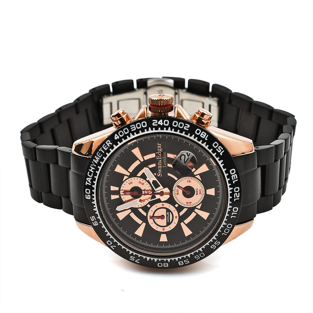 Limited Edition Swan - Edgar Hand Assembled Speed Target Mechanical Quartz Mens Watch - Rose Gold - Black