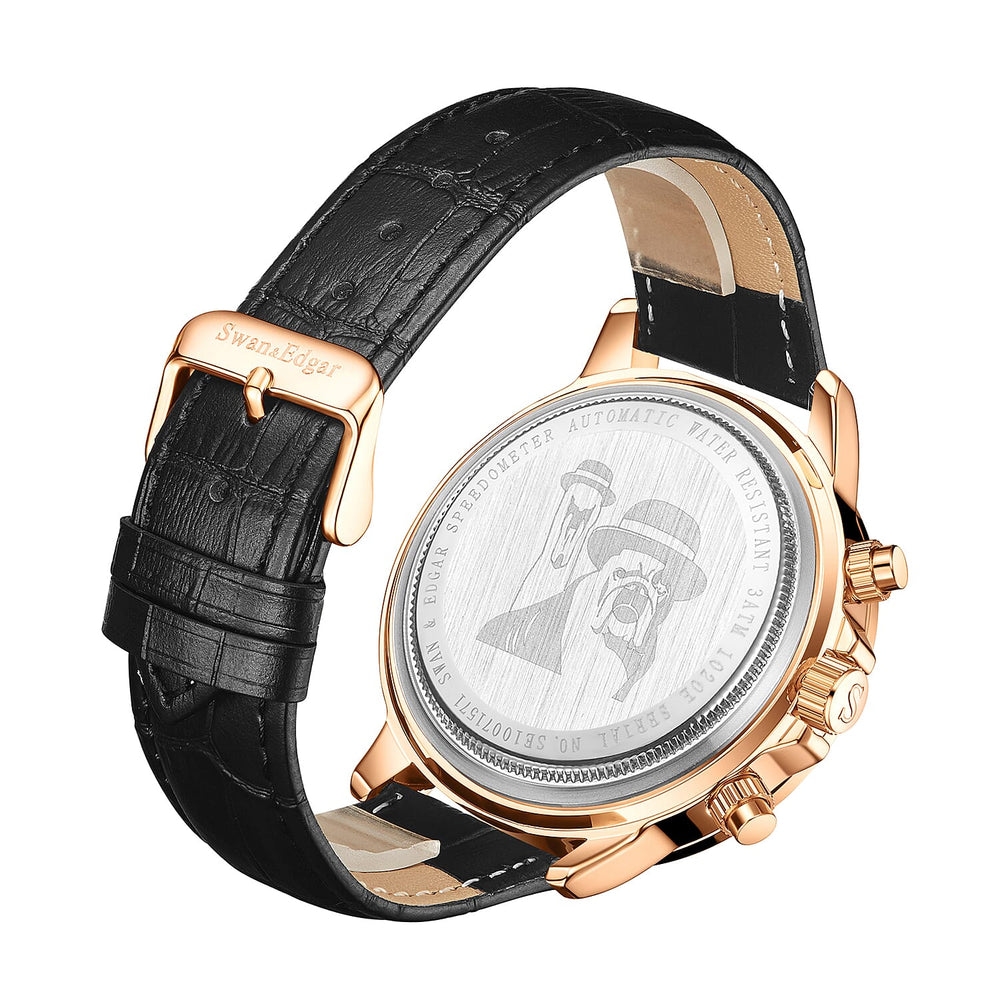 Limited Edition Swan & Edgar Hand Assembled Speedometer Automatic Movement Rose Gold Case 3ATM Water Resitant Watch with Hand Waxed Deep Black Leather Strap