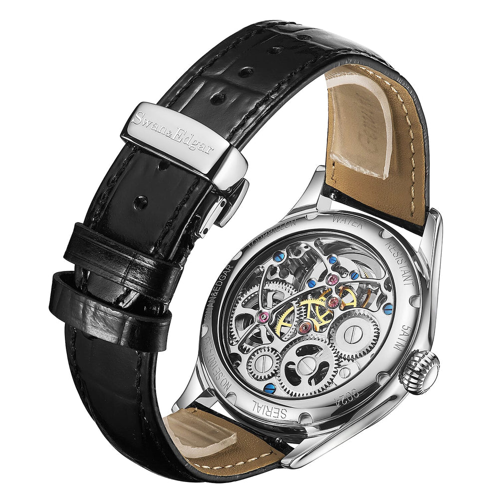 Limited Edition Swan & Edgar Hand Assembled Tourbillon Automatic Movement Crystal Studded Dawn Blue Dial Water Resistant Watch With Black Leather Strap & Buterlfy Folding Clasp