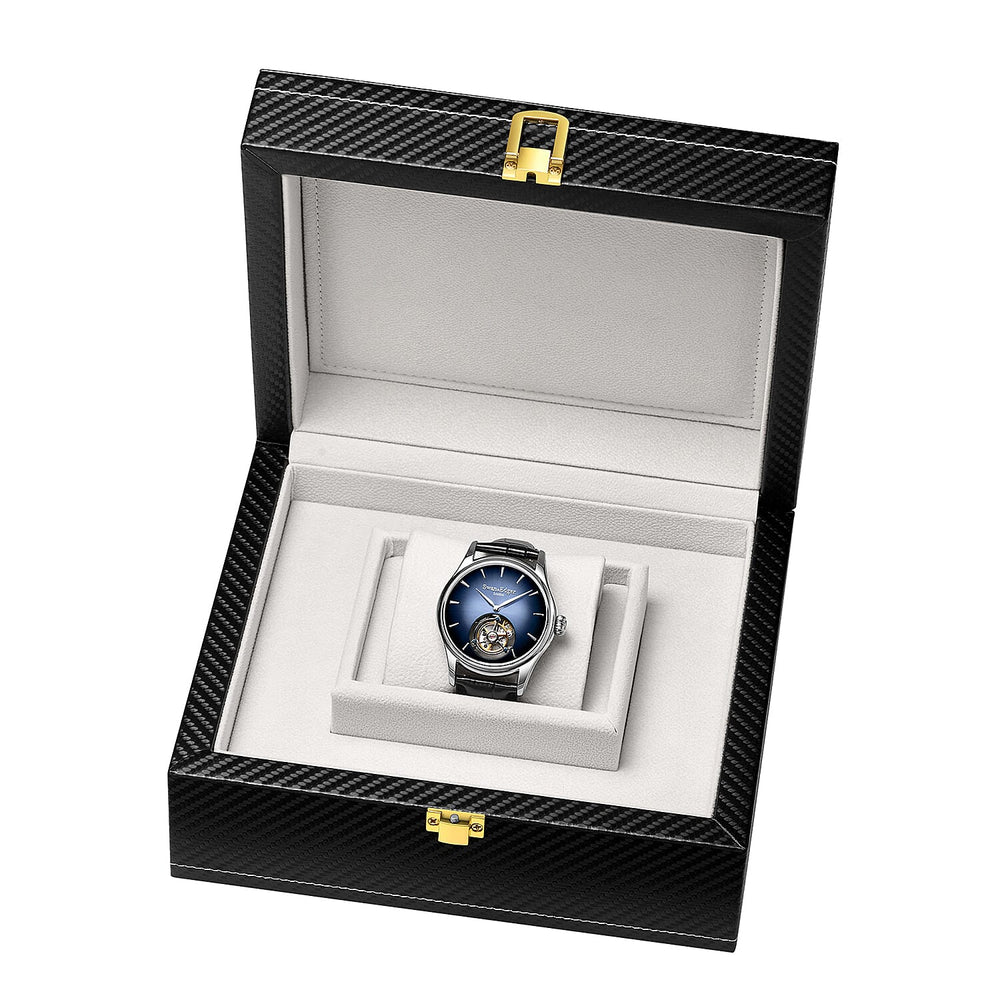 Limited Edition Swan & Edgar Hand Assembled Tourbillon Automatic Movement Crystal Studded Dawn Blue Dial Water Resistant Watch With Black Leather Strap & Buterlfy Folding Clasp