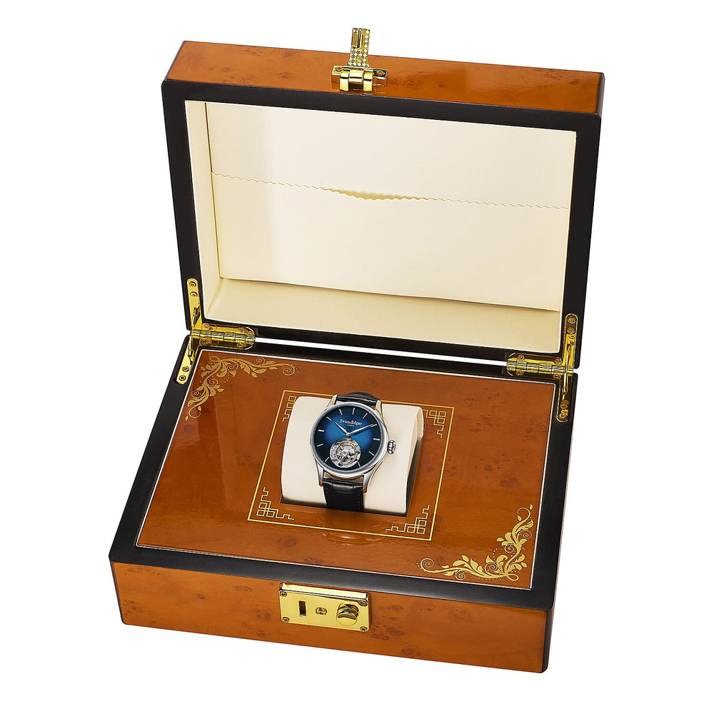 Limited Edition Swan & Edgar Hand Assembled Tourbillon Automatic Movement Crystal Studded Dawn Blue Dial Water Resistant Watch With Black Leather Strap & Buterlfy Folding Clasp