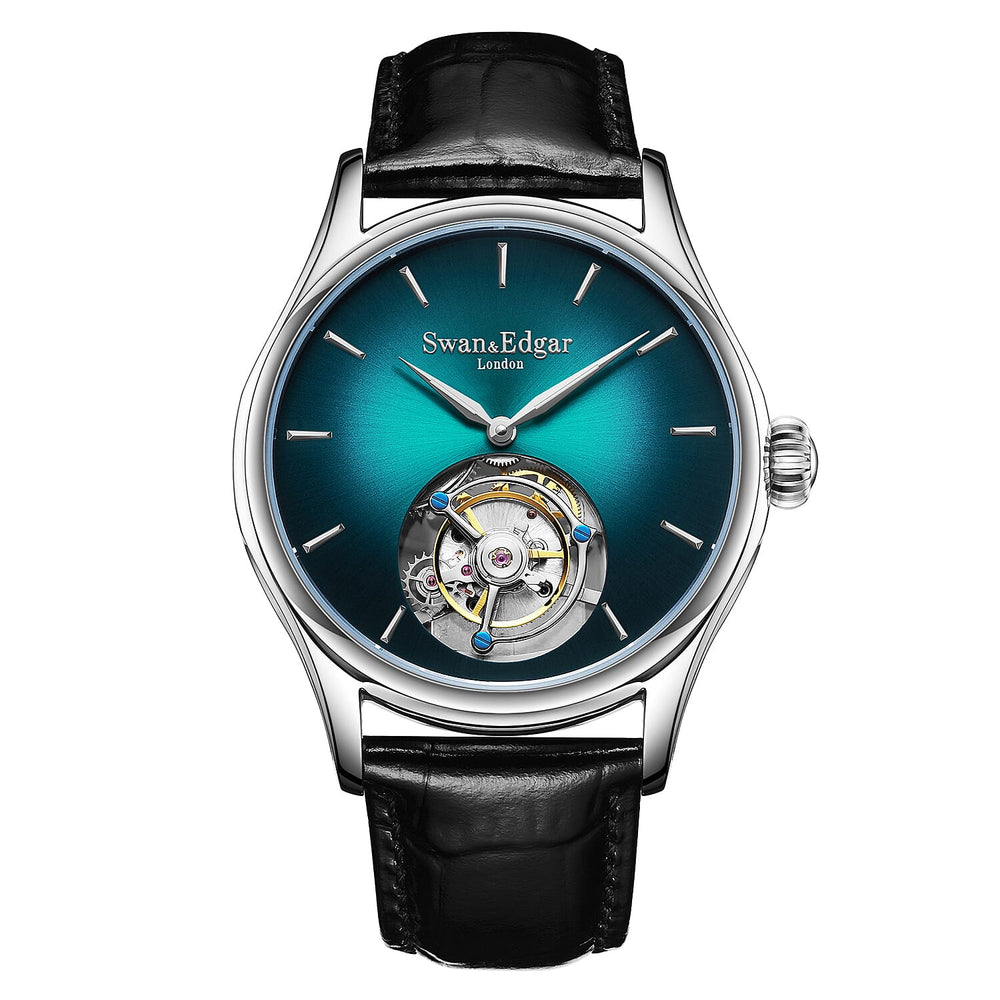 Limited Edition Swan - Edgar Hand Assembled Tourbillon Automatic Movement Crystal Studded Green Dial Water Resistant Watch With Black Leather Strap - Buterlfy Folding Clasp