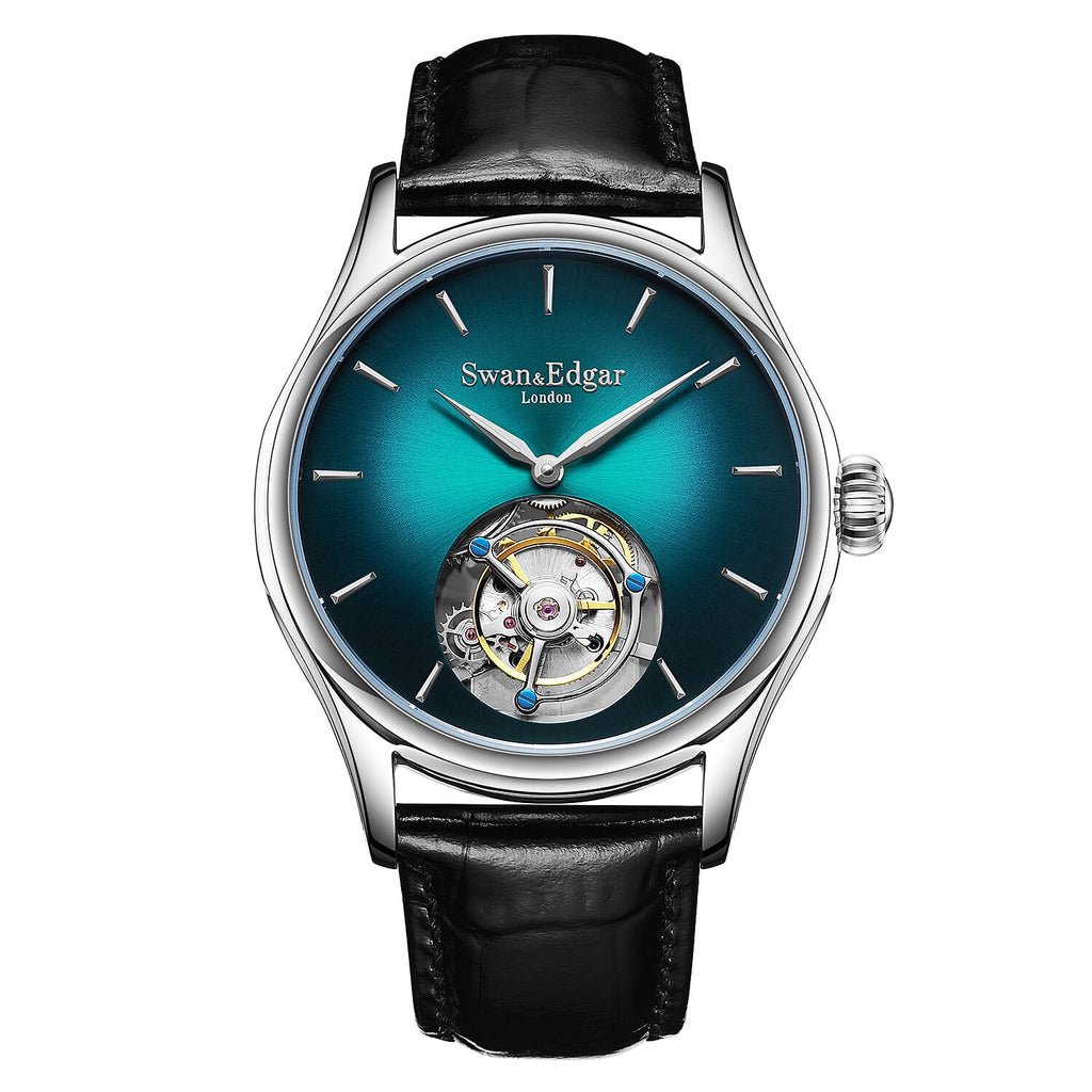 Limited Edition Swan - Edgar Hand Assembled Tourbillon Automatic Movement Crystal Studded Green Dial Water Resistant Watch With Black Leather Strap - Buterlfy Folding Clasp