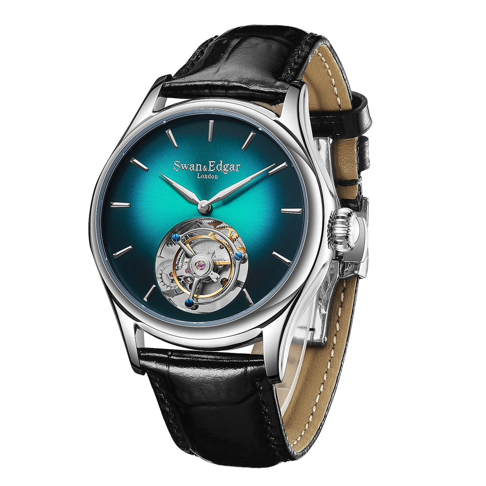 Limited Edition Swan - Edgar Hand Assembled Tourbillon Automatic Movement Crystal Studded Green Dial Water Resistant Watch With Black Leather Strap - Buterlfy Folding Clasp