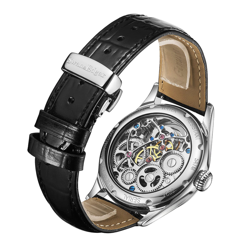 Limited Edition Swan - Edgar Hand Assembled Tourbillon Automatic Movement Crystal Studded Green Dial Water Resistant Watch With Black Leather Strap - Buterlfy Folding Clasp