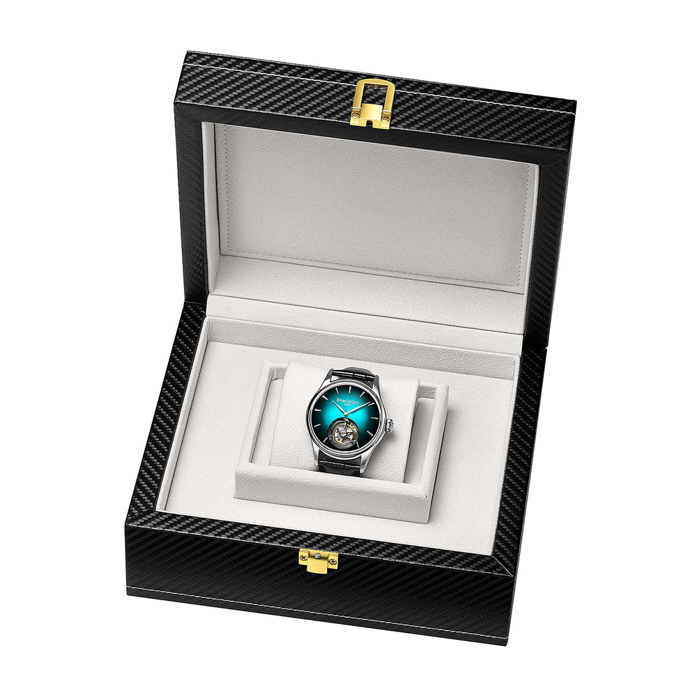 Limited Edition Swan - Edgar Hand Assembled Tourbillon Automatic Movement Crystal Studded Green Dial Water Resistant Watch With Black Leather Strap - Buterlfy Folding Clasp