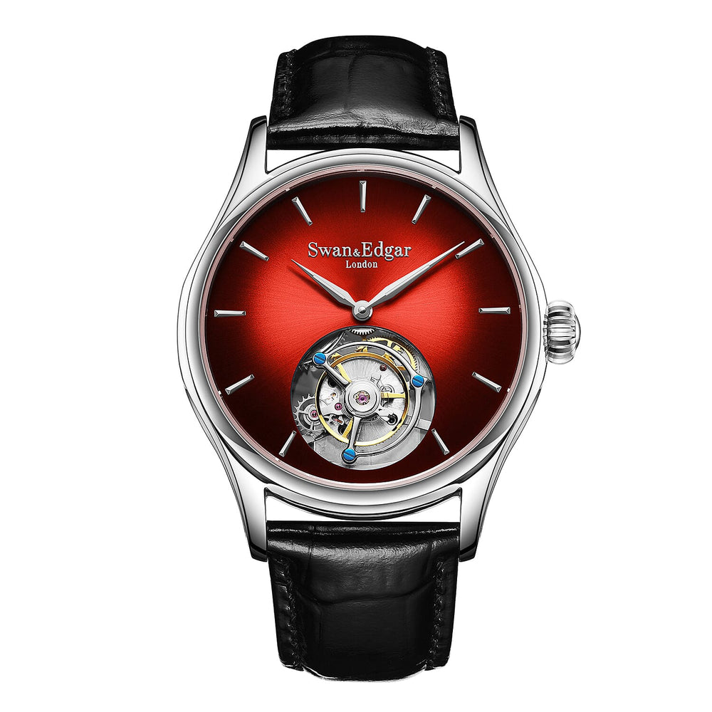 Limited Edition Swan & Edgar Hand Assembled Tourbillon Automatic Movement Crystal Studded Shepherds Sunset Red Dial Water Resistant Watch With Black Leather Strap & Buterlfy Folding Clasp