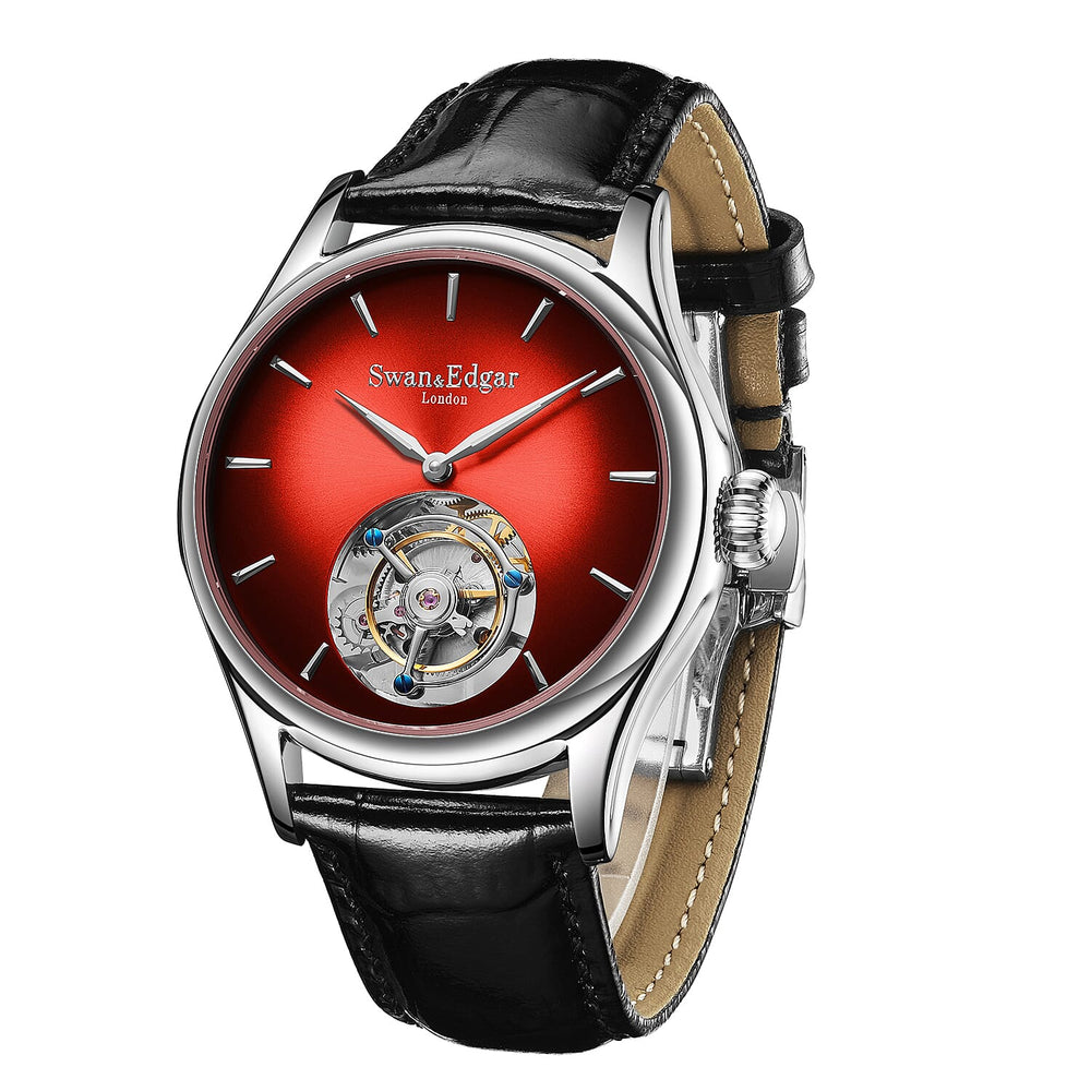 Limited Edition Swan & Edgar Hand Assembled Tourbillon Automatic Movement Crystal Studded Shepherds Sunset Red Dial Water Resistant Watch With Black Leather Strap & Buterlfy Folding Clasp
