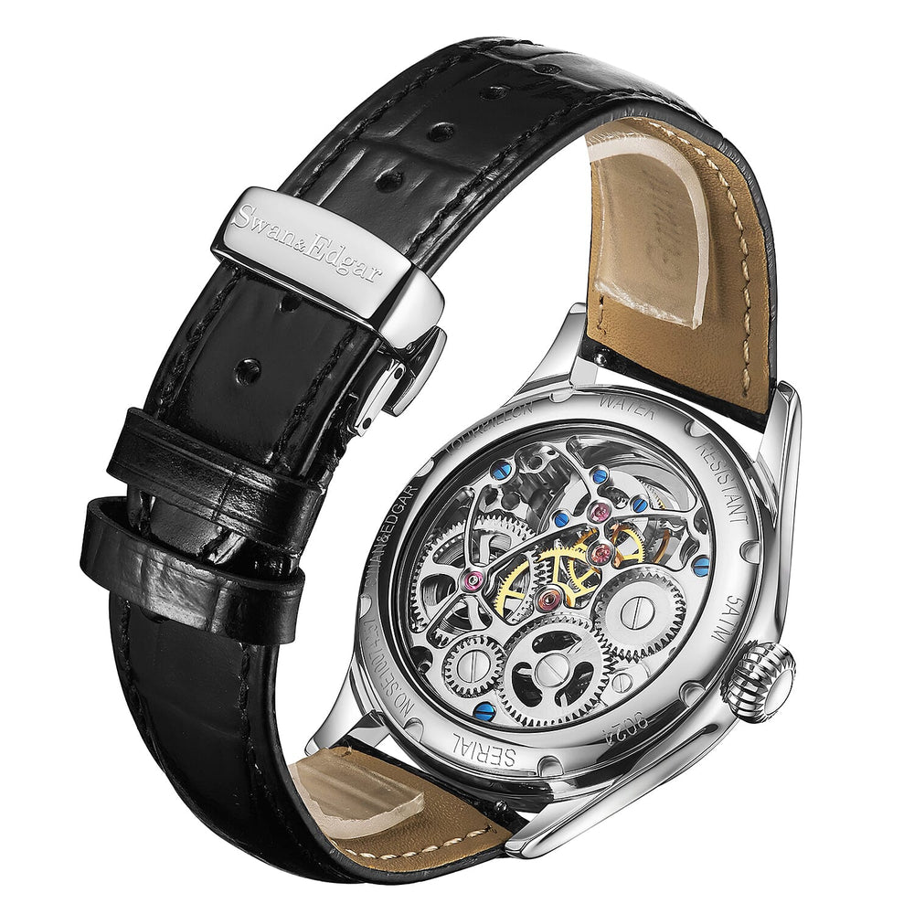 Limited Edition Swan & Edgar Hand Assembled Tourbillon Automatic Movement Crystal Studded Shepherds Sunset Red Dial Water Resistant Watch With Black Leather Strap & Buterlfy Folding Clasp