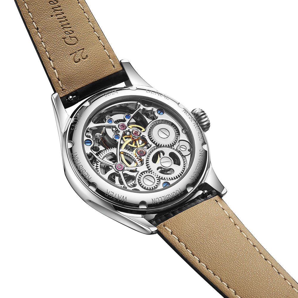 Limited Edition Swan & Edgar Hand Assembled Tourbillon Automatic Movement Crystal Studded Shepherds Sunset Red Dial Water Resistant Watch With Black Leather Strap & Buterlfy Folding Clasp