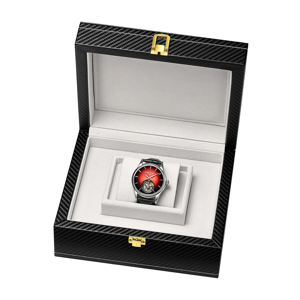 Limited Edition Swan & Edgar Hand Assembled Tourbillon Automatic Movement Crystal Studded Shepherds Sunset Red Dial Water Resistant Watch With Black Leather Strap & Buterlfy Folding Clasp