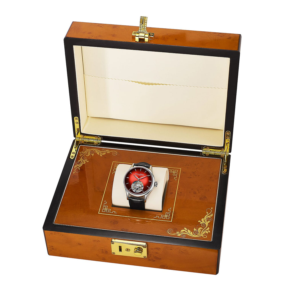Limited Edition Swan & Edgar Hand Assembled Tourbillon Automatic Movement Crystal Studded Shepherds Sunset Red Dial Water Resistant Watch With Black Leather Strap & Buterlfy Folding Clasp