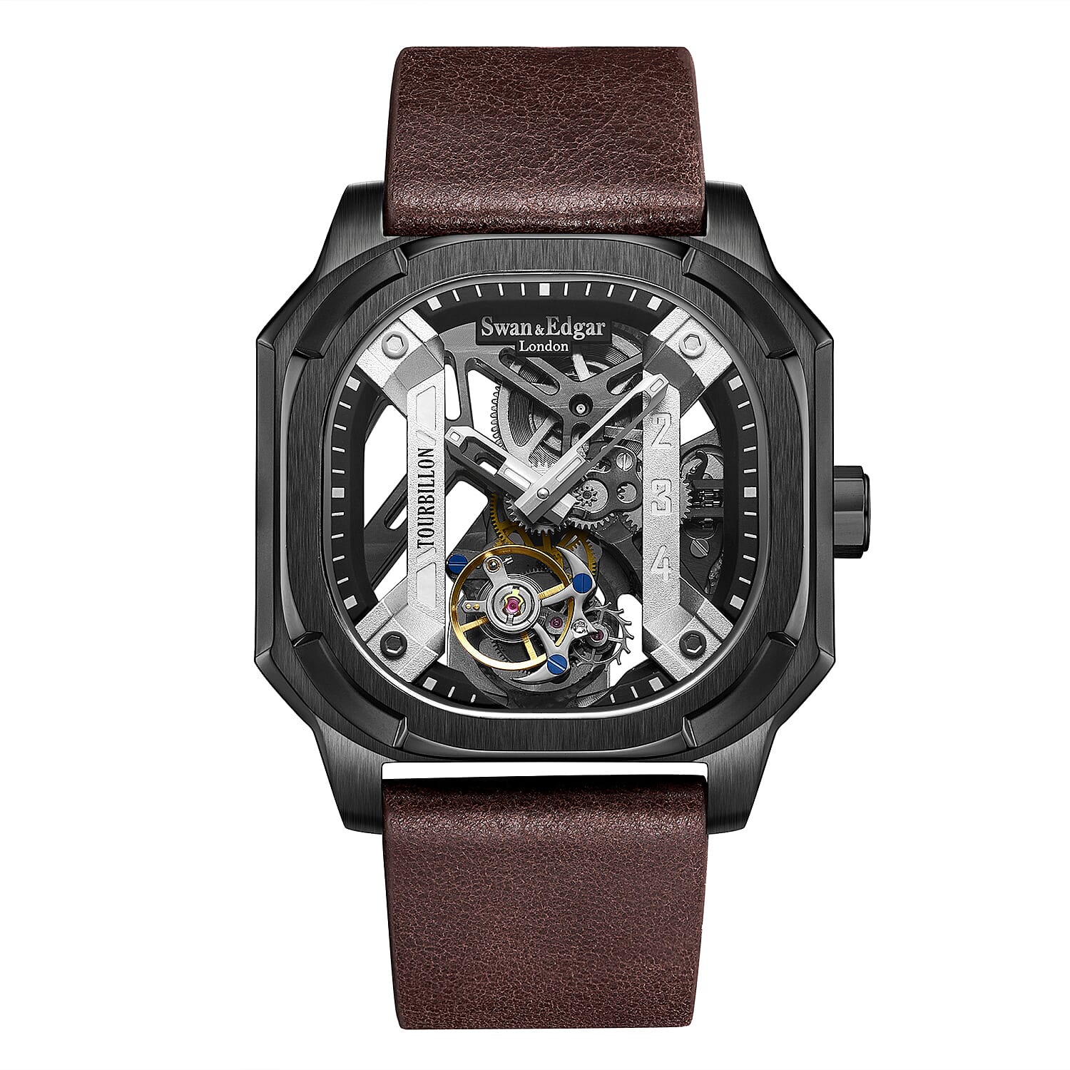 Limited Edition Swan - Edgar Hand Assembled Vortex Tourbillon Automatic Skeleton Dial WR Watch With Brown Leather Bracelet