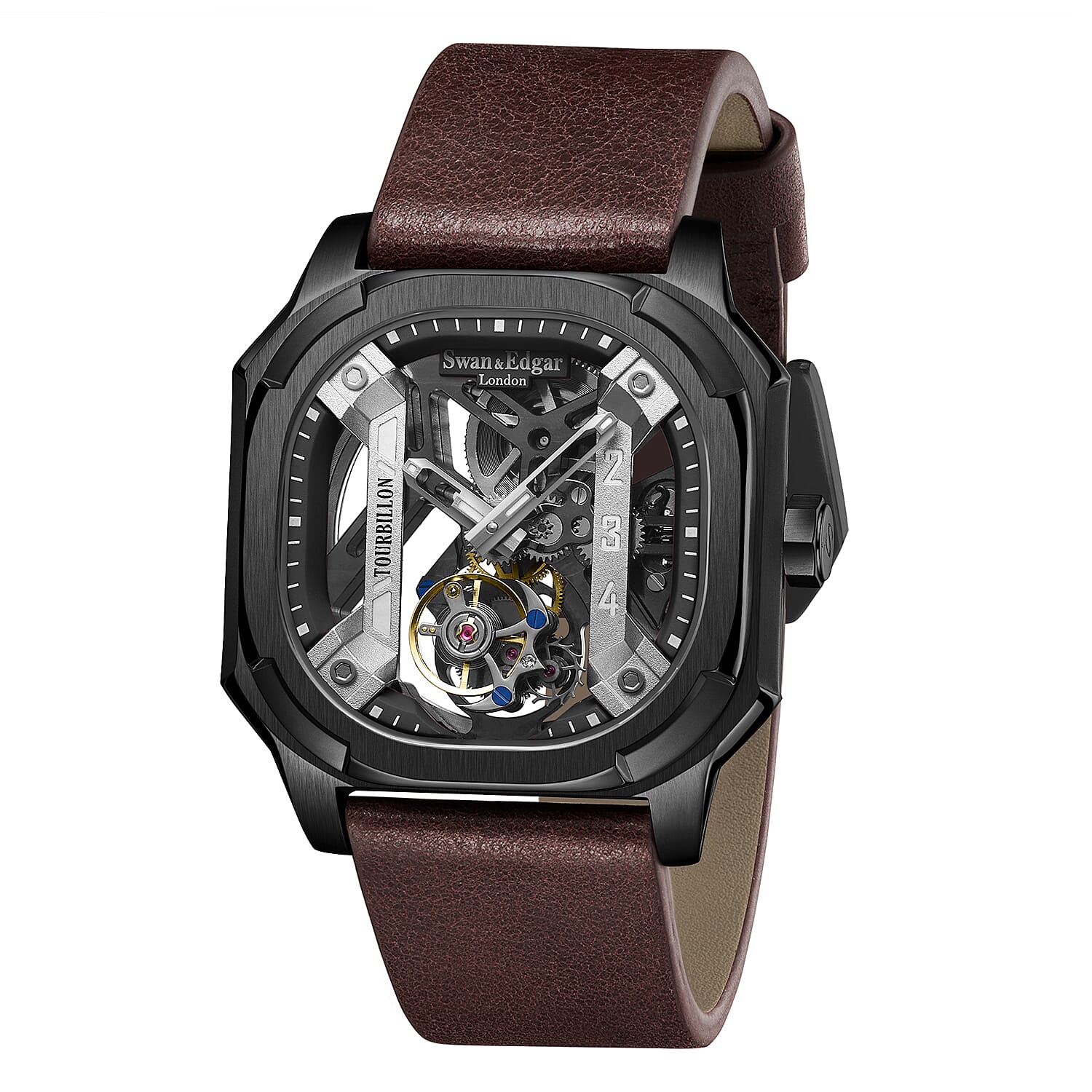 Limited Edition Swan - Edgar Hand Assembled Vortex Tourbillon Automatic Skeleton Dial WR Watch With Brown Leather Bracelet