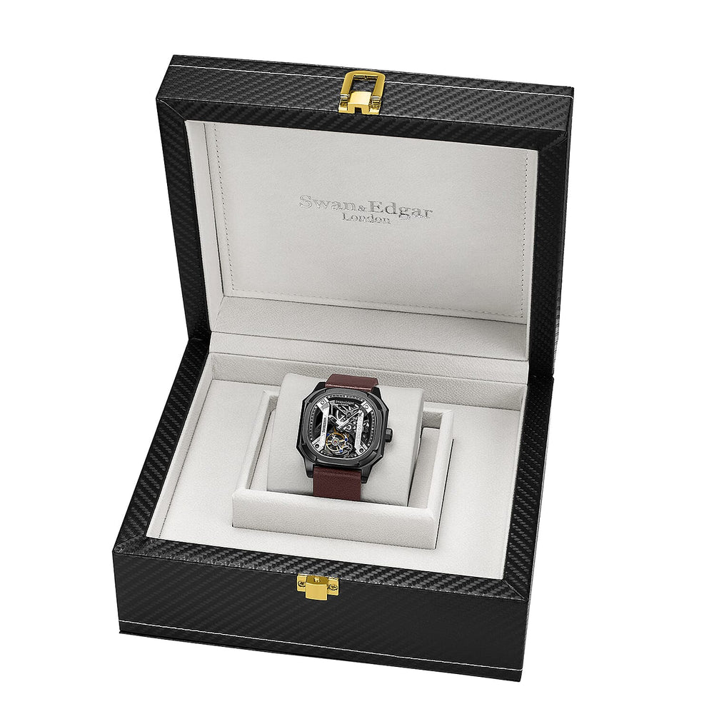 Limited Edition Swan - Edgar Hand Assembled Vortex Tourbillon Automatic Skeleton Dial WR Watch With Brown Leather Bracelet