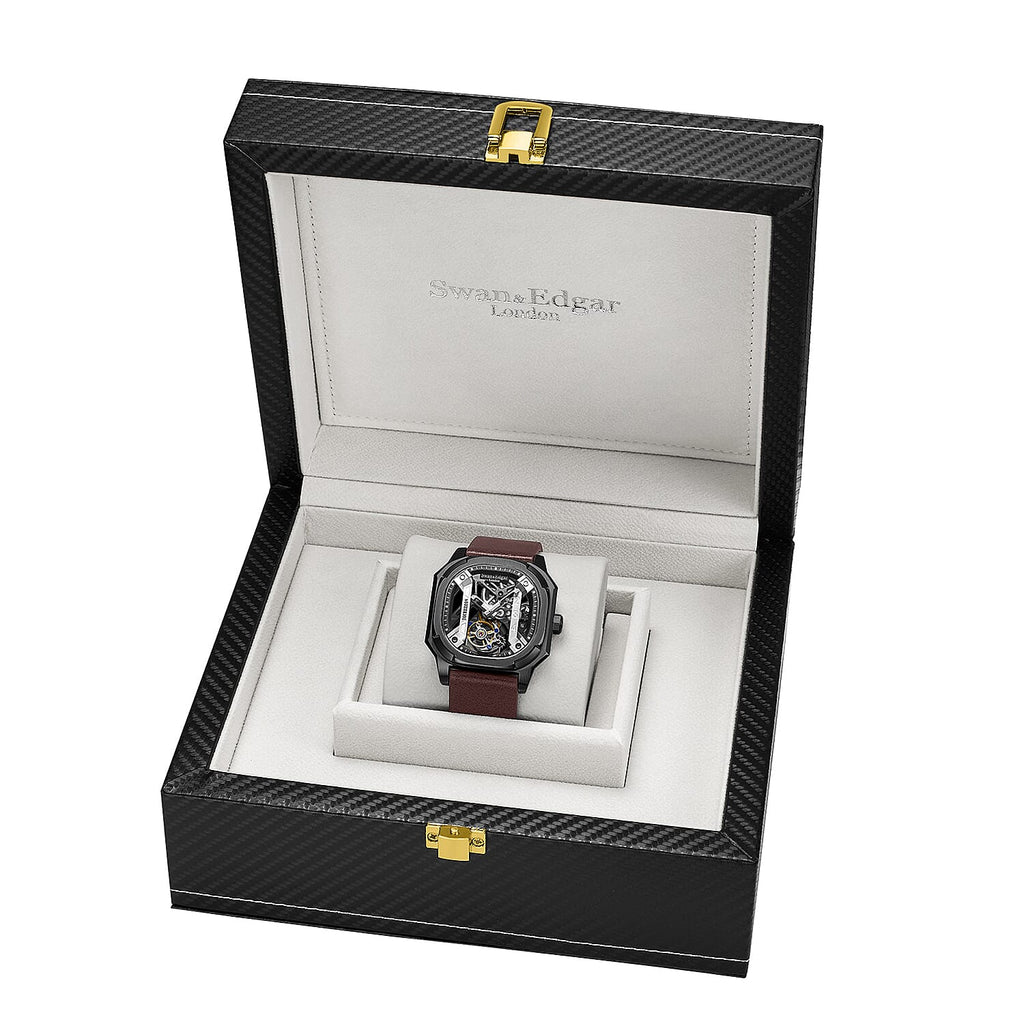 Limited Edition Swan - Edgar Hand Assembled Vortex Tourbillon Automatic Skeleton Dial WR Watch With Brown Leather Bracelet