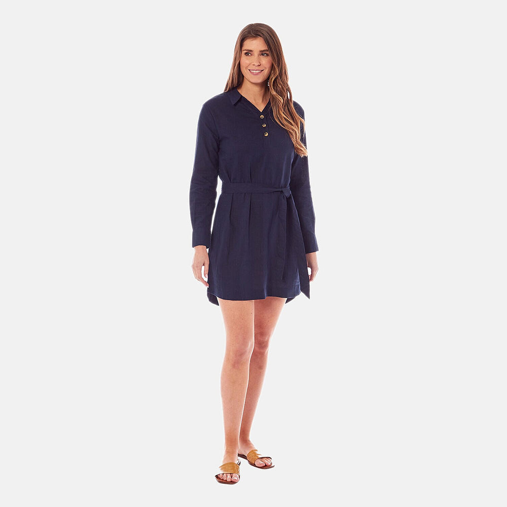Charlotte West Midi Linen Belted Shirt Dress (Size 18) - Navy - Linen-Viscose
