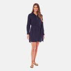 Charlotte West Midi Linen Belted Shirt Dress (Size 18) - Navy - Linen-Viscose