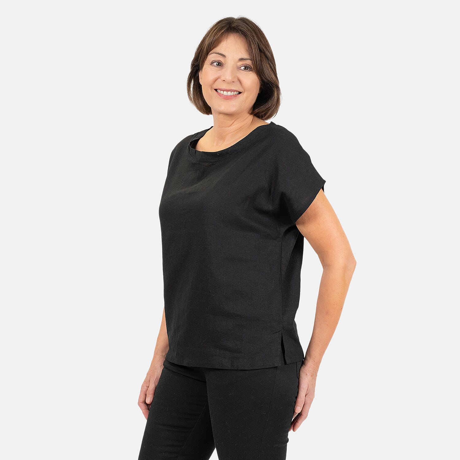 Ladies Crew Neck Linen Top (Size 14) - Black