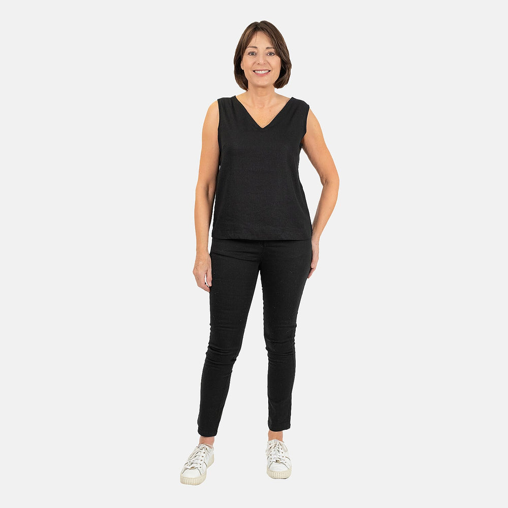 Ladies Sleeveless V-Neck Linen Top (Size 14) - Black