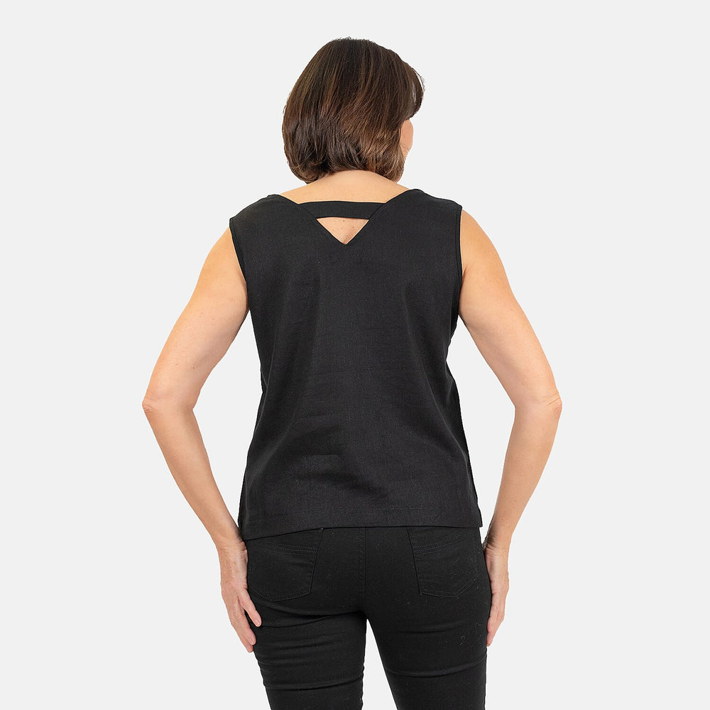 Ladies Sleeveless V-Neck Linen Top (Size 14) - Black