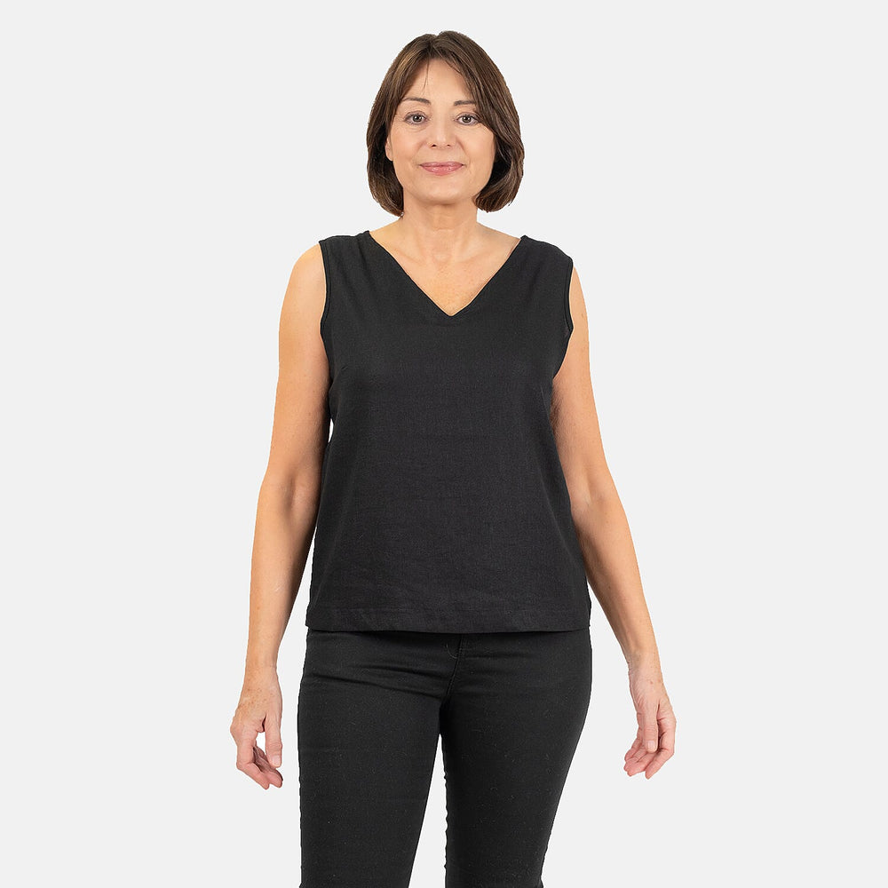 Ladies Sleeveless V-Neck Linen Top (Size 14) - Black
