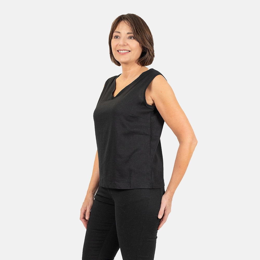 Ladies Sleeveless V-Neck Linen Top (Size 14) - Black