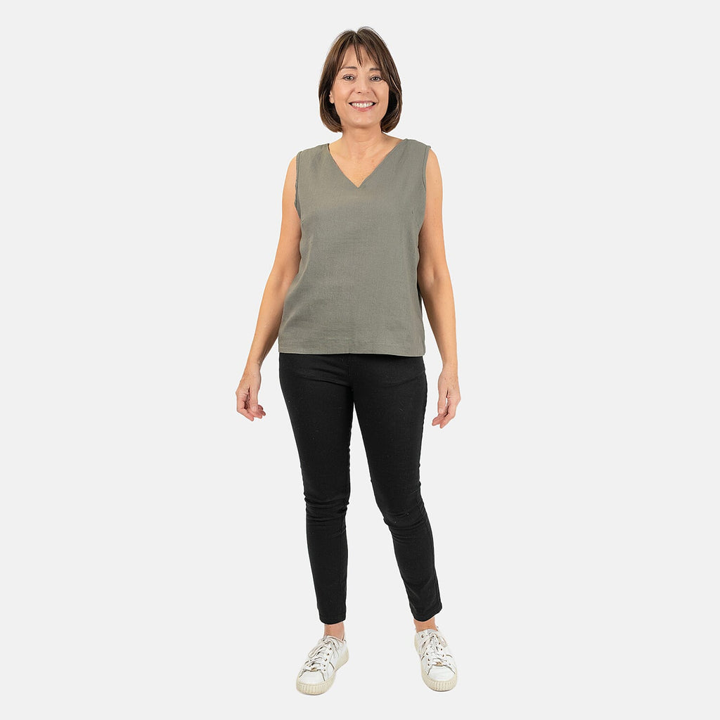 Ladies Sleeveless V-Neck Linen Top (Size 14) - Khaki