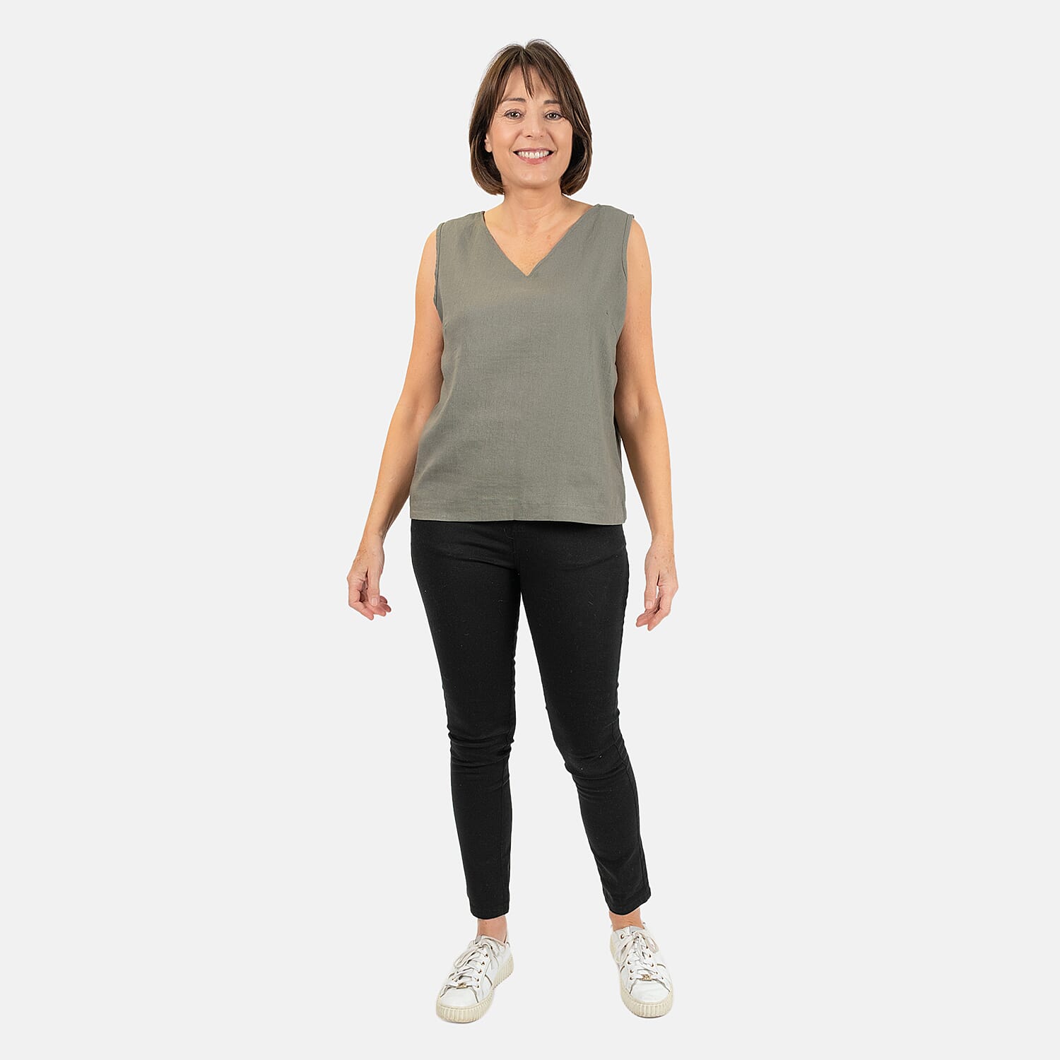 Ladies Sleeveless V-Neck Linen Top (Size 14) - Khaki
