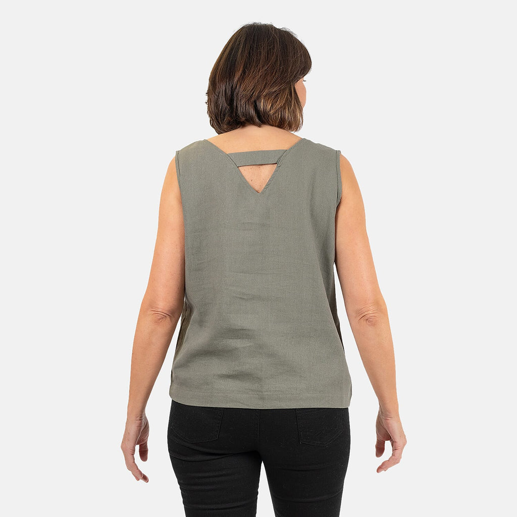 Ladies Sleeveless V-Neck Linen Top (Size 14) - Khaki