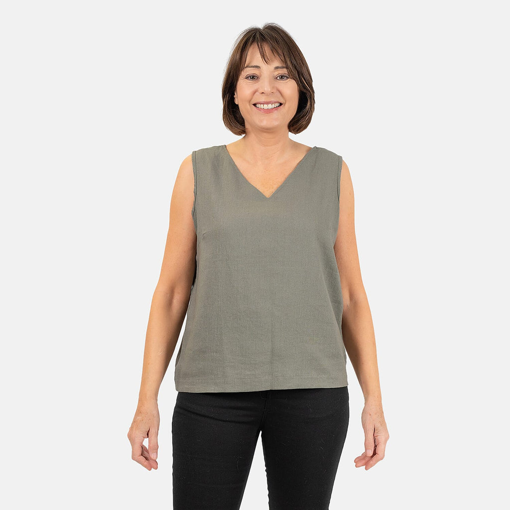 Ladies Sleeveless V-Neck Linen Top (Size 14) - Khaki